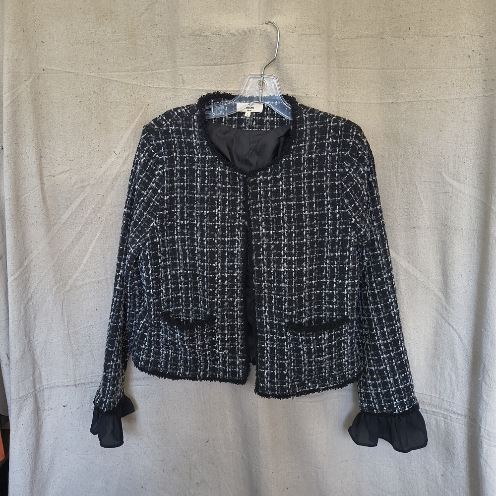 Entro Women's Size Large Black Tweed Classic Scoop Neck Long Sleeve Lined Jacket